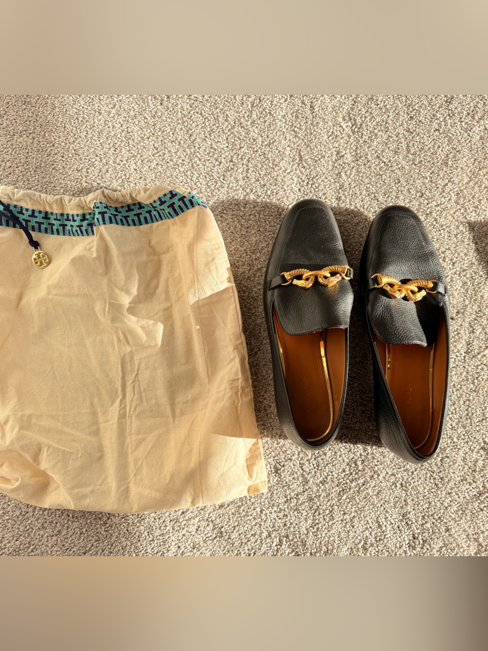 Tory Burch Women's Black Leather Loafers with Gold Chain Accent